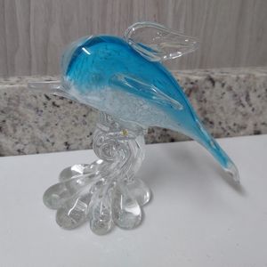Hand Blown Glass Art Dolphin Leaping Wave Blue White Clear  Decor or paperweight